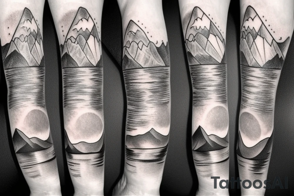 leg sleeve with mountains and lake and sun shining through clouds tattoo idea