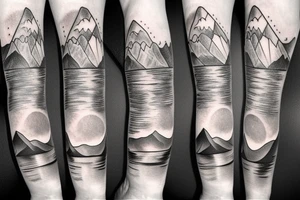 leg sleeve with mountains and lake and sun shining through clouds tattoo idea