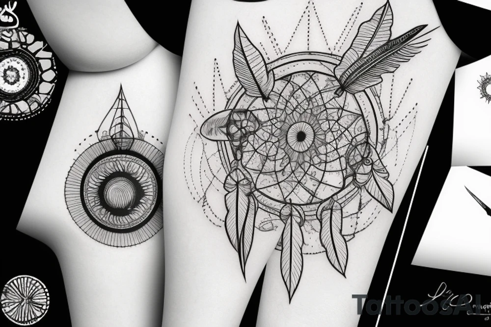 leg sleeve with mountains and lake and sun shining through clouds and dream catcher tattoo idea