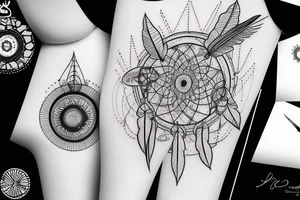 leg sleeve with mountains and lake and sun shining through clouds and dream catcher tattoo idea