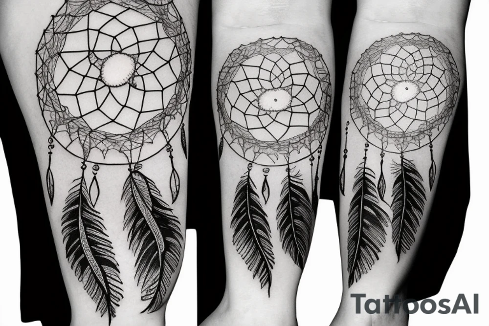 leg sleeve with mountains and lake and sun shining through clouds and dream catcher tattoo idea