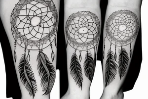 leg sleeve with mountains and lake and sun shining through clouds and dream catcher tattoo idea
