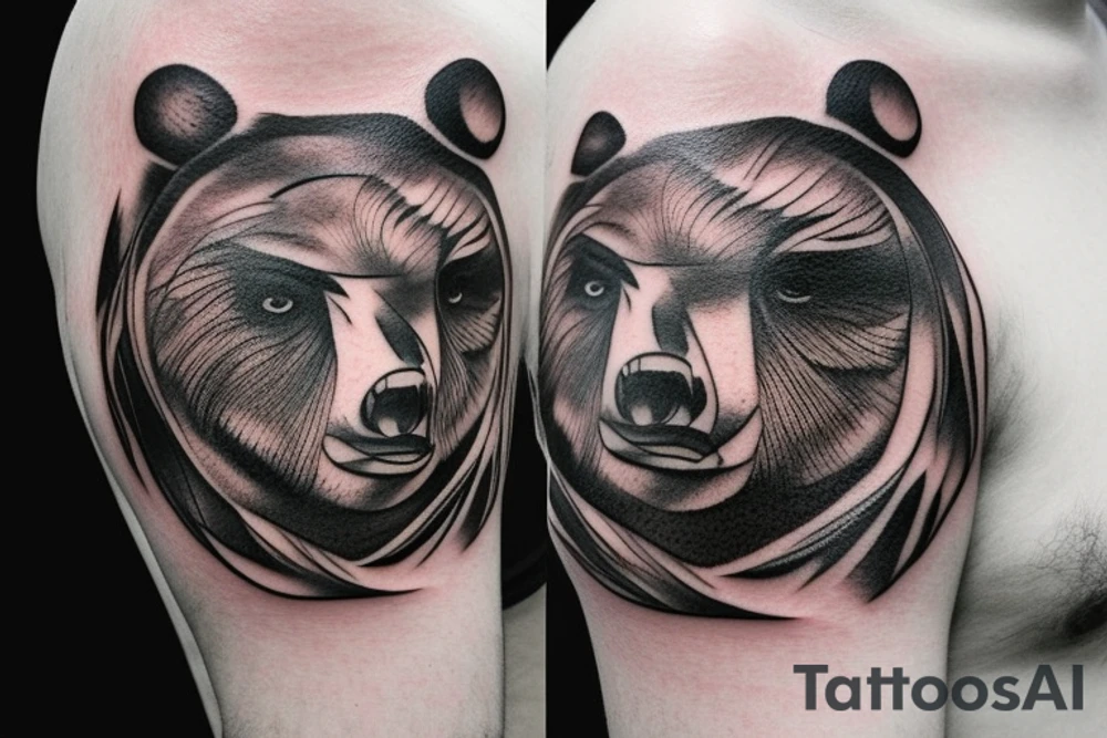 Man shoulder tattoo of a bear's face with large eyes and strong glance tattoo idea