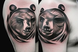 Man shoulder tattoo of a bear's face with large eyes and strong glance tattoo idea