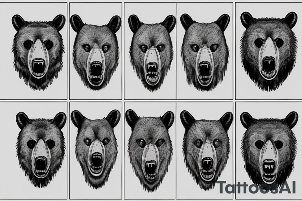 Man shoulder tattoo of a bear's face with large eyes and strong glance tattoo idea