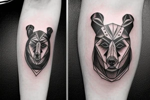 Man shoulder tattoo of a bear's face with large eyes and strong glance tattoo idea