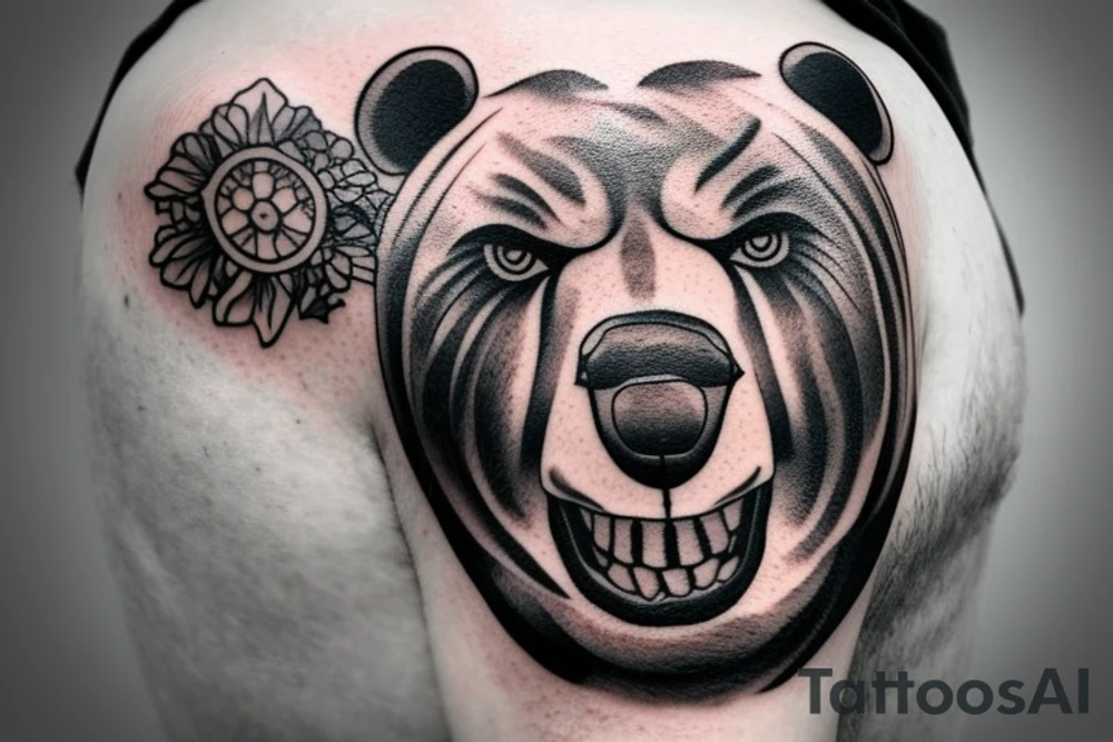 Man shoulder tattoo of a bear's face with large eyes and strong glance tattoo idea Man shoulder tattoo of a bear's face with large eyes and strong glance tattoo idea
