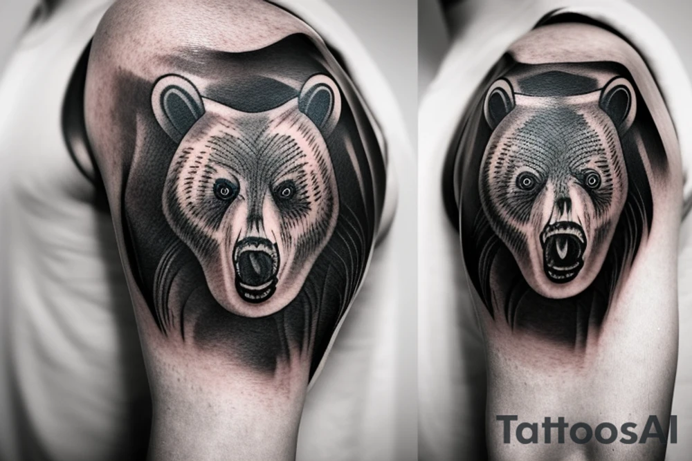 Man shoulder tattoo of a bear's face with large eyes and strong glance tattoo idea Man shoulder tattoo of a bear's face with large eyes and strong glance tattoo idea