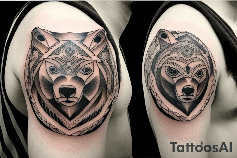 Man shoulder tattoo of a bear's face with large eyes and strong glance tattoo idea