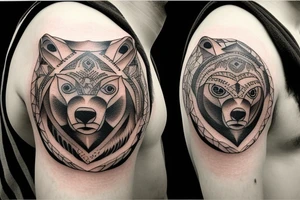 Man shoulder tattoo of a bear's face with large eyes and strong glance tattoo idea