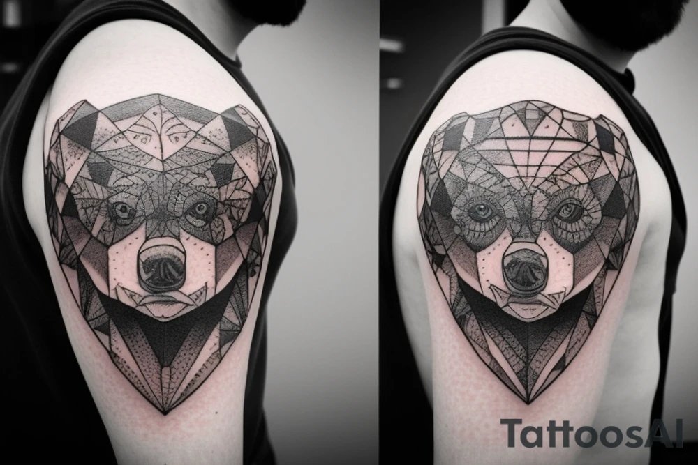 Man shoulder tattoo of a bear's face with large eyes and strong glance tattoo idea