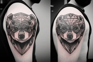 Man shoulder tattoo of a bear's face with large eyes and strong glance tattoo idea