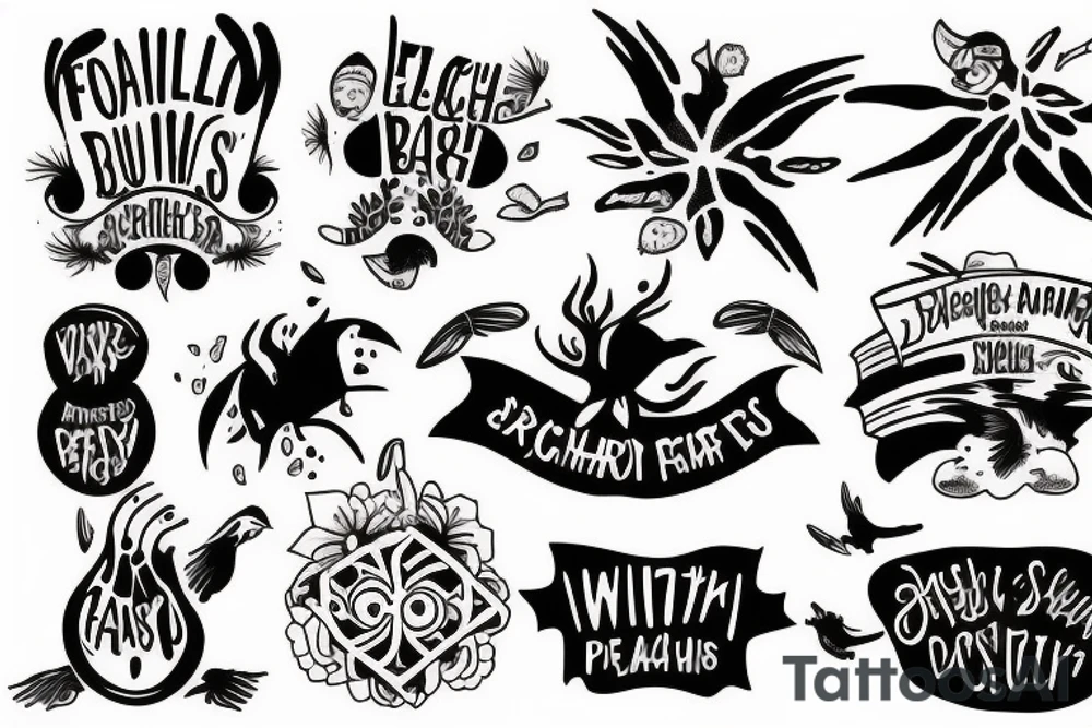Beach with quote, family and animals tattoo idea