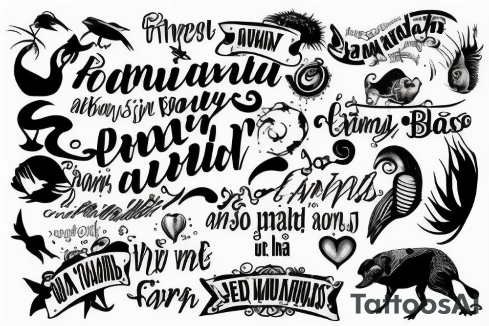 Beach with quote, family and animals tattoo idea