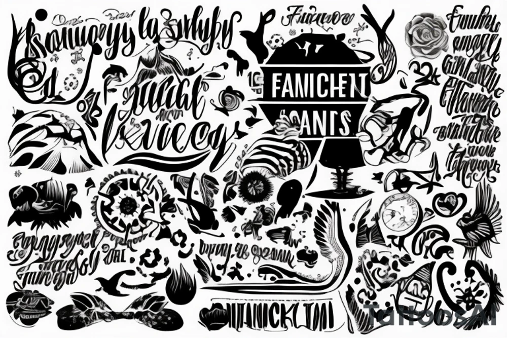 Beach with quote, family and animals tattoo idea