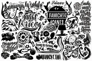 Beach with quote, family and animals tattoo idea