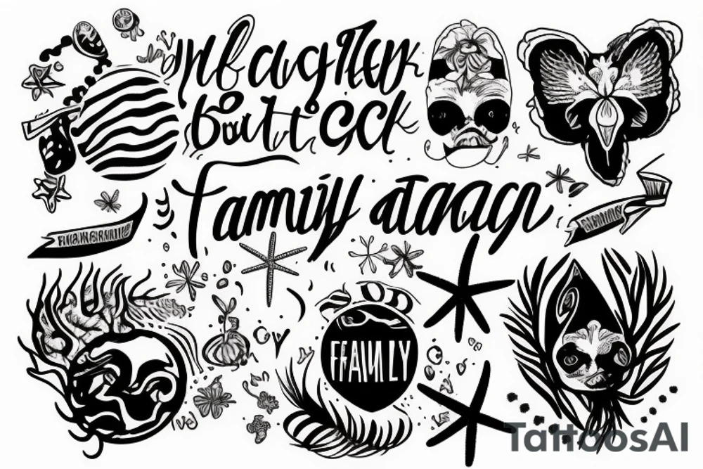 Beach with quote, family and animals tattoo idea