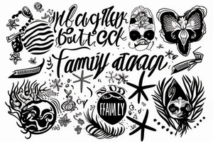 Beach with quote, family and animals tattoo idea