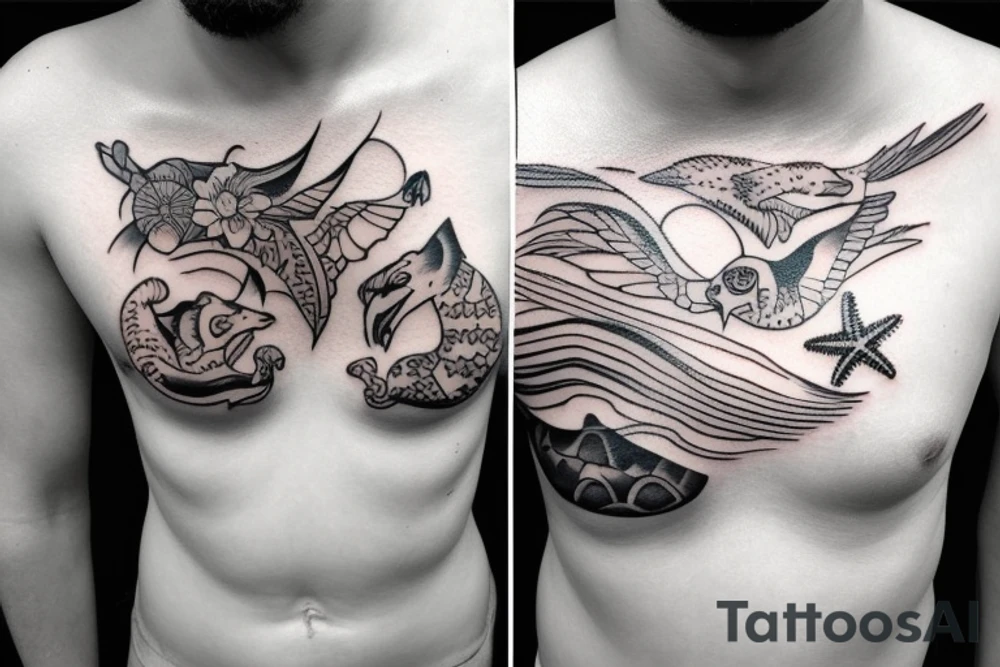 chest tattoo with Beach and animals tattoo idea