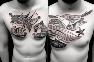 chest tattoo with Beach and animals tattoo idea