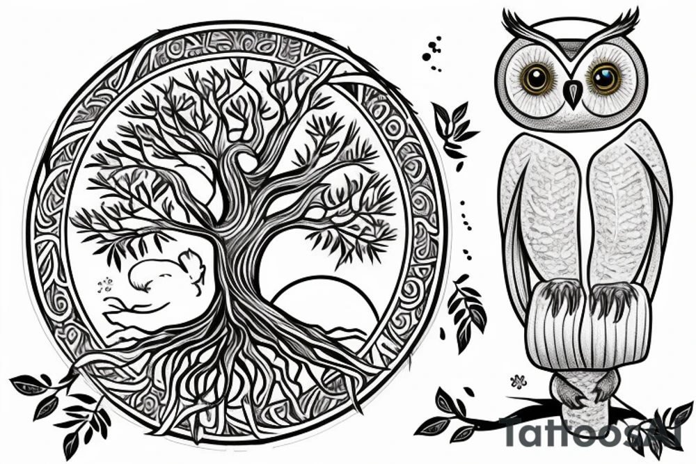 Tree of life with an owl and a sloth. An Aries symbol and a Sagittarius symbol. A baseball and a moon tattoo idea