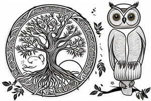 Tree of life with an owl and a sloth. An Aries symbol and a Sagittarius symbol. A baseball and a moon tattoo idea