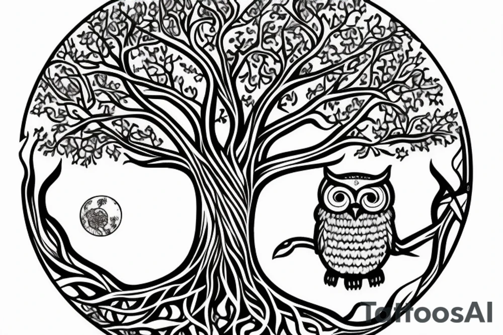 Tree of life with an owl and a sloth. An Aries symbol and a Sagittarius symbol. A baseball and a moon tattoo idea