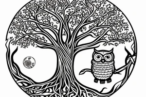 Tree of life with an owl and a sloth. An Aries symbol and a Sagittarius symbol. A baseball and a moon tattoo idea