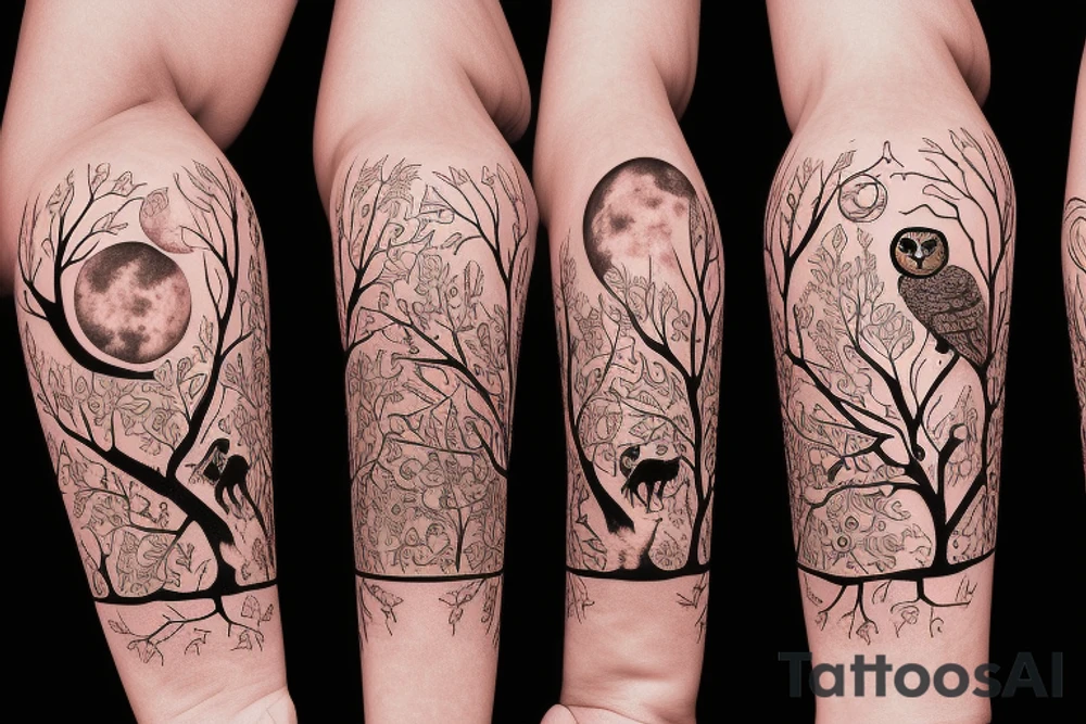 Tree of life with an owl and a sloth. An Aries symbol and a Sagittarius symbol. A baseball and a moon tattoo idea