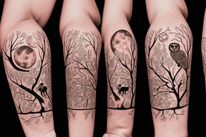 Tree of life with an owl and a sloth. An Aries symbol and a Sagittarius symbol. A baseball and a moon tattoo idea