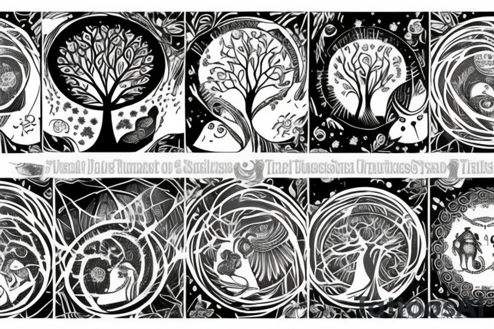 Tree of life with an owl and a sloth. An Aries symbol and a Sagittarius symbol. A baseball and a moon tattoo idea