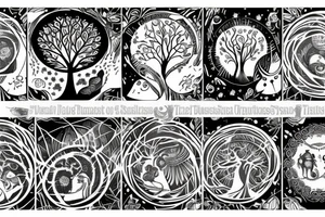 Tree of life with an owl and a sloth. An Aries symbol and a Sagittarius symbol. A baseball and a moon tattoo idea