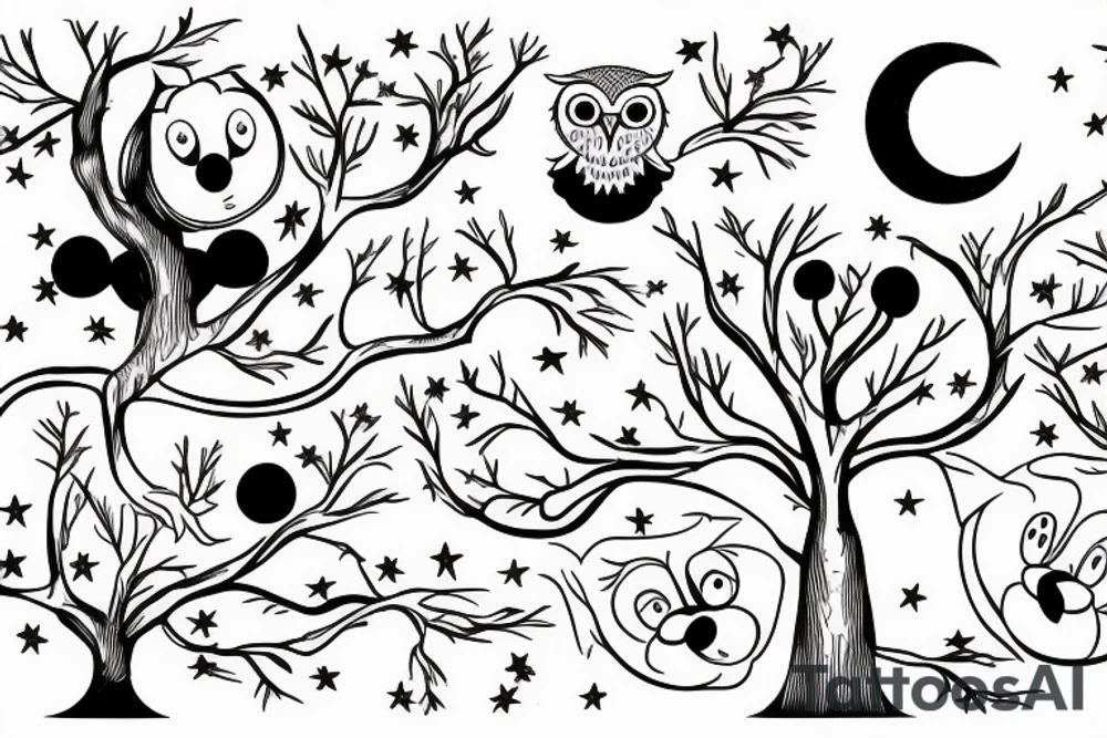 Tree of knowledge with an owl and a sloth. An Aries symbol and a Sagittarius symbol. A baseball and a Mickey Mouse ears. A moon and a star tattoo idea