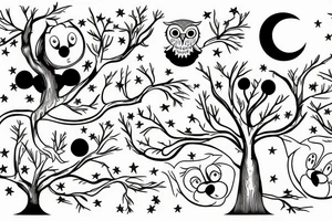 Tree of knowledge with an owl and a sloth. An Aries symbol and a Sagittarius symbol. A baseball and a Mickey Mouse ears. A moon and a star tattoo idea