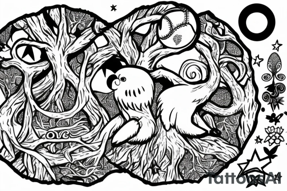 Tree of knowledge with an owl and a sloth. An Aries symbol and a Sagittarius symbol. A baseball and a Mickey Mouse ears. A moon and a star tattoo idea