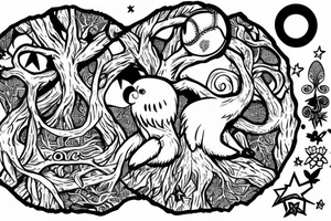 Tree of knowledge with an owl and a sloth. An Aries symbol and a Sagittarius symbol. A baseball and a Mickey Mouse ears. A moon and a star tattoo idea