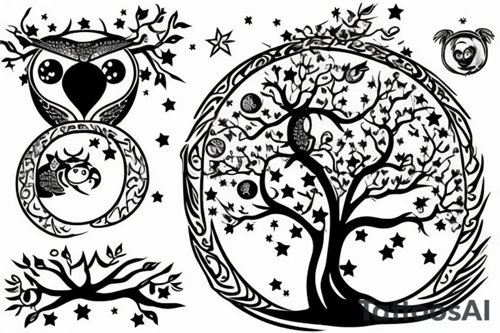 Tree of knowledge with an owl and a sloth. An Aries symbol and a Sagittarius symbol. A baseball and a Mickey Mouse ears. A moon and a star tattoo idea