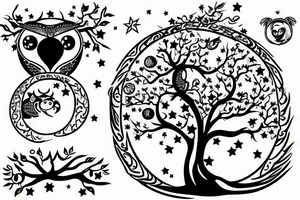 Tree of knowledge with an owl and a sloth. An Aries symbol and a Sagittarius symbol. A baseball and a Mickey Mouse ears. A moon and a star tattoo idea