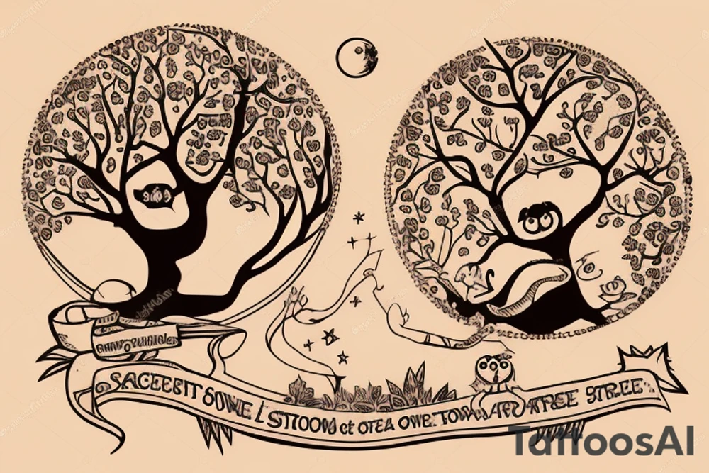 Tree of knowledge with an owl and a sloth. An Aries symbol and a Sagittarius symbol. A baseball and a Mickey Mouse ears. A moon and a star tattoo idea