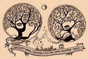 Tree of knowledge with an owl and a sloth. An Aries symbol and a Sagittarius symbol. A baseball and a Mickey Mouse ears. A moon and a star tattoo idea