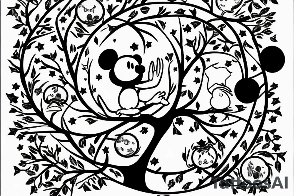 Tree of knowledge with an owl and a sloth. An Aries symbol and a Sagittarius symbol. A baseball and a Mickey Mouse ears. A moon and a star tattoo idea