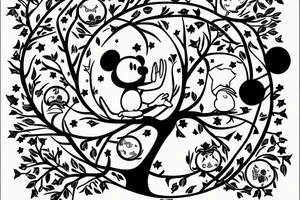 Tree of knowledge with an owl and a sloth. An Aries symbol and a Sagittarius symbol. A baseball and a Mickey Mouse ears. A moon and a star tattoo idea
