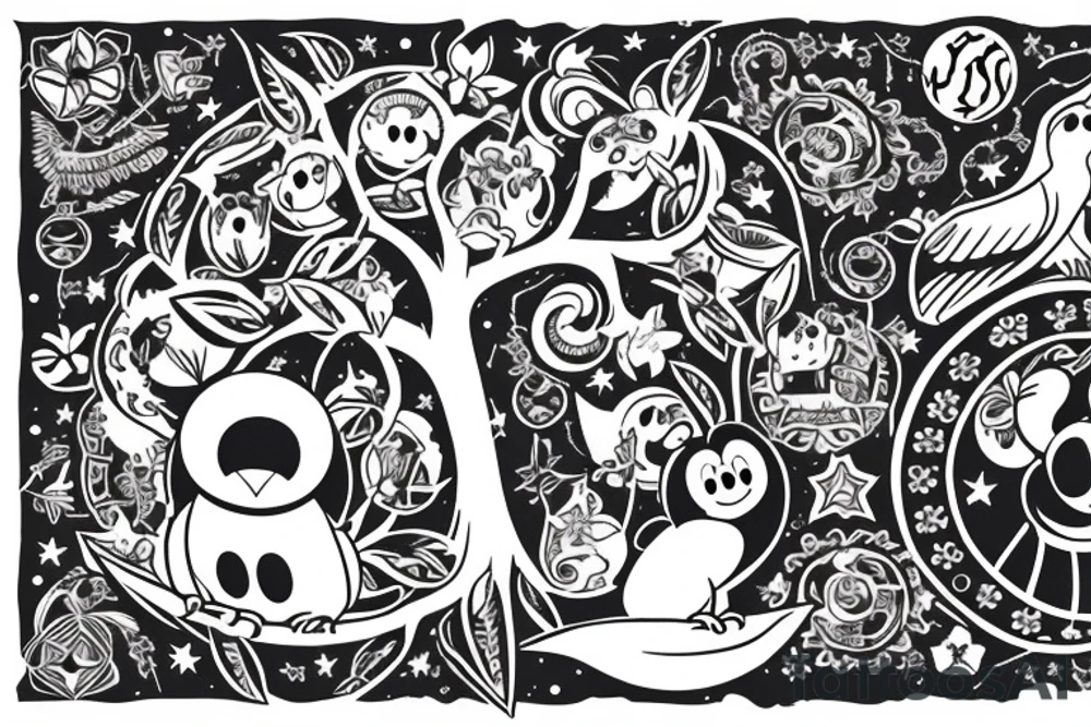 Tree of knowledge with an owl and a sloth. An Aries symbol and a Sagittarius symbol. A baseball and a Mickey Mouse ears. A moon and a star tattoo idea
