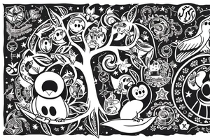 Tree of knowledge with an owl and a sloth. An Aries symbol and a Sagittarius symbol. A baseball and a Mickey Mouse ears. A moon and a star tattoo idea