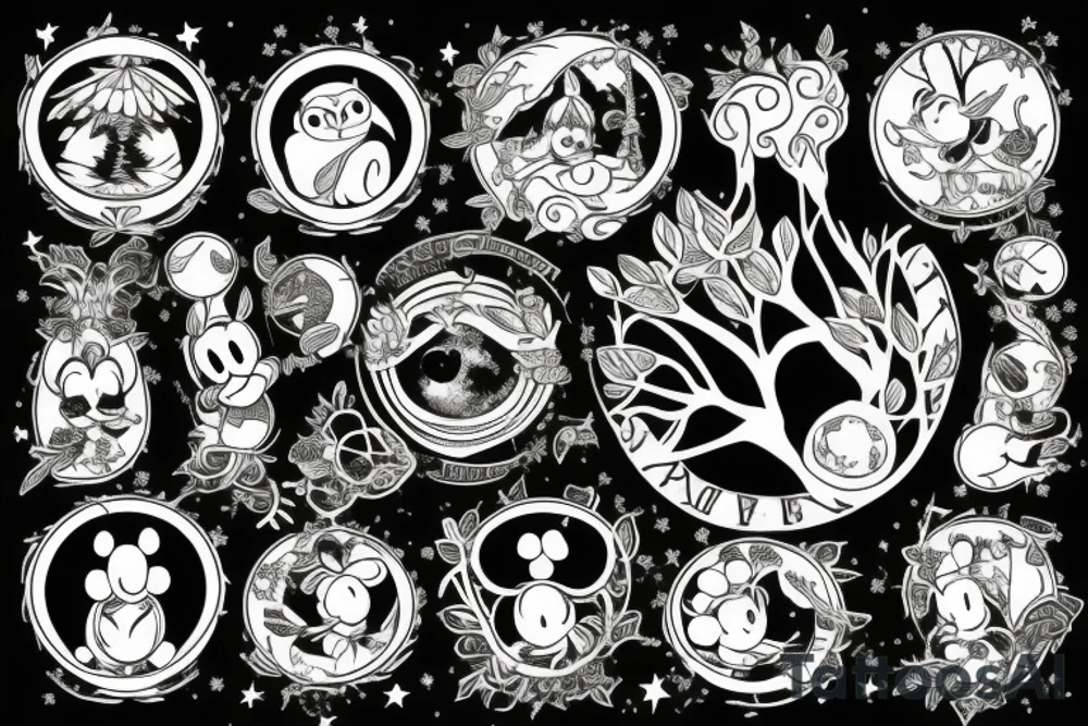Tree of knowledge with an owl and a sloth. An Aries symbol and a Sagittarius symbol. A baseball and a Mickey Mouse ears. A moon and a star tattoo idea