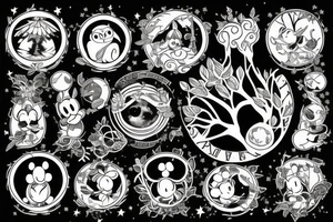 Tree of knowledge with an owl and a sloth. An Aries symbol and a Sagittarius symbol. A baseball and a Mickey Mouse ears. A moon and a star tattoo idea