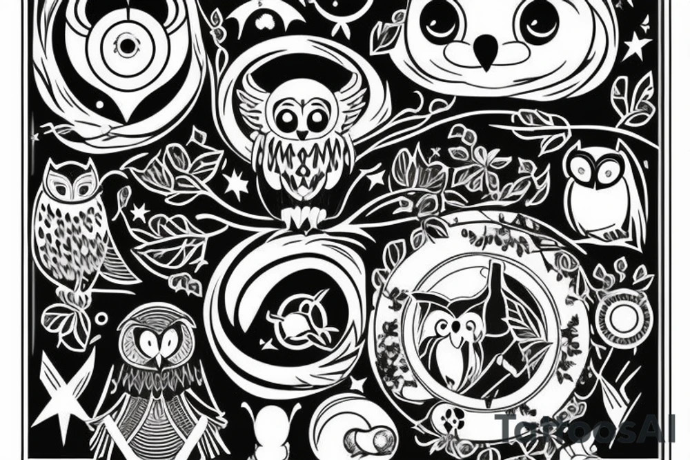 Tree of knowledge with an owl and a sloth. An Aries symbol and a Sagittarius symbol. A baseball and a Mickey Mouse ears. A moon and a star tattoo idea