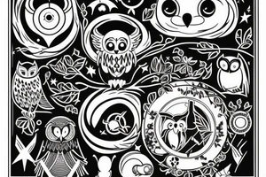 Tree of knowledge with an owl and a sloth. An Aries symbol and a Sagittarius symbol. A baseball and a Mickey Mouse ears. A moon and a star tattoo idea