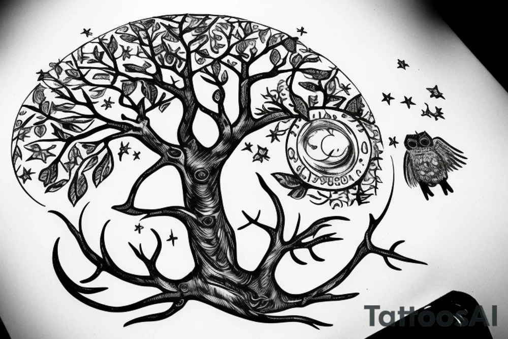 Tree of knowledge with an owl and a sloth in the branches have a moon and a star over the tree and hide the Mickey Mouse ears a base ball the Aries symbol and the Sagittarius symbol in the tree somewhere tattoo idea