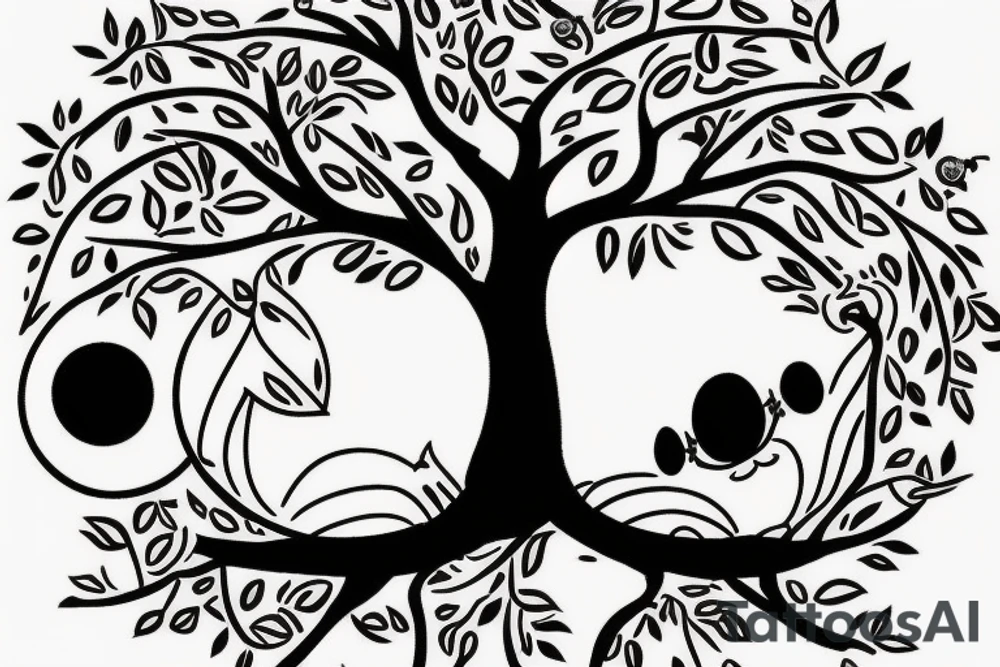 Tree of knowledge with an owl and a sloth in the branches have a moon and a star over the tree and hide the Mickey Mouse ears a base ball the Aries symbol and the Sagittarius symbol in the tree somewhere tattoo idea